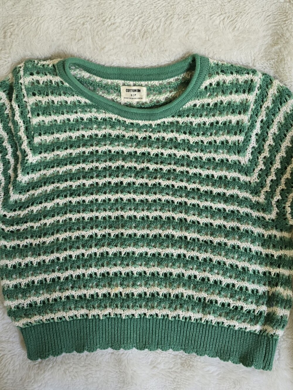 Cotton On Green & Cream Striped Open-Knit Crew Sweater